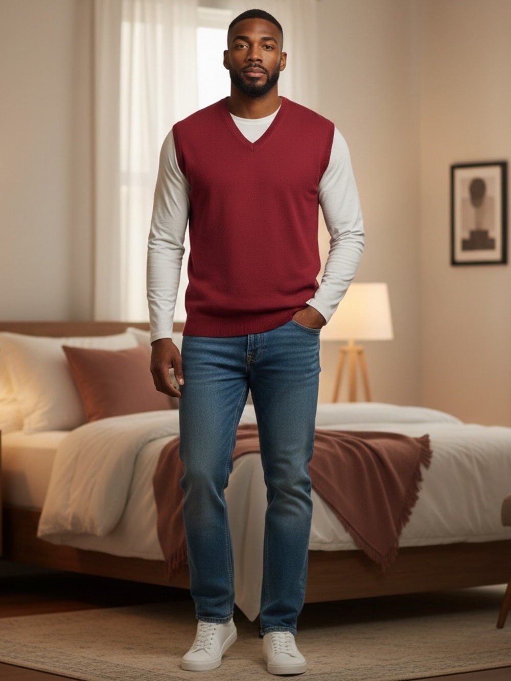Pronto Uomo Burgundy V-Neck Sweater Vest XXL Fine Merino Wool